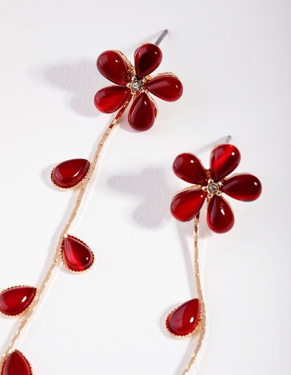 Gold & Red Flower Vine Drape Earrings
