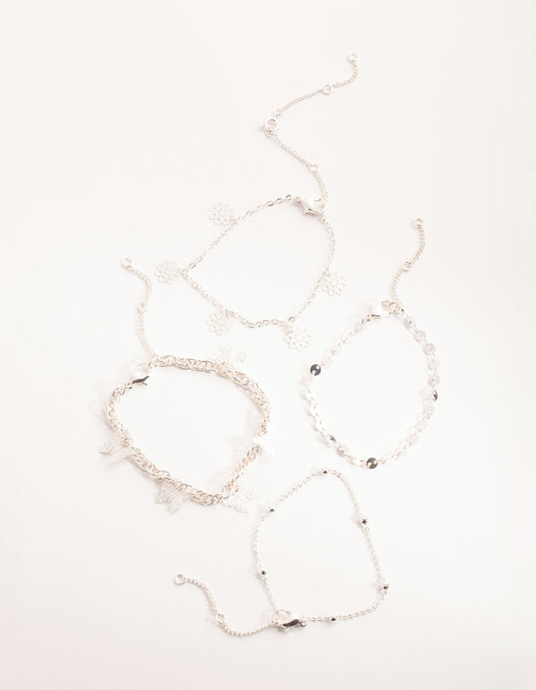 Silver Flower & Butterfly Bracelet & Anklet 4-Pack