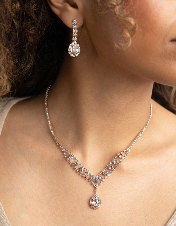 Rose Gold Diamante Necklace & Earrings Set