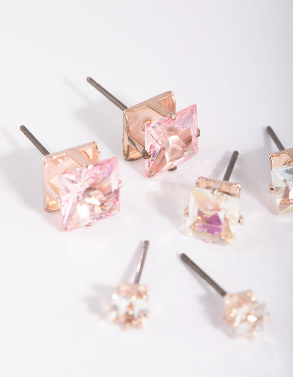 Rose Gold Diamante Stud Earring Pack