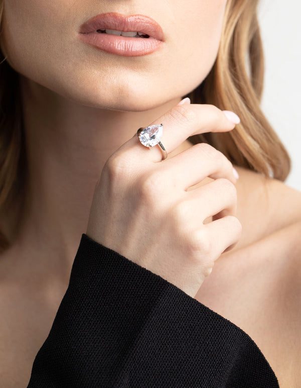 Rhodium Diamond Simulant Teardrop Ring