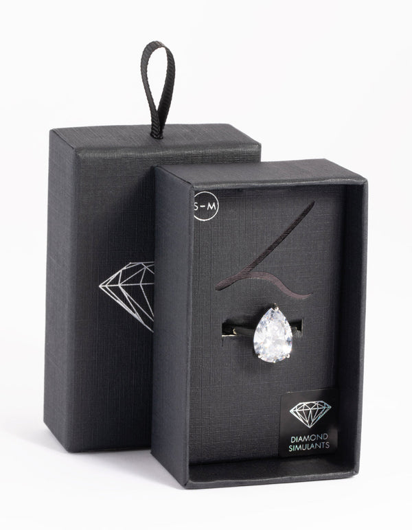 Rhodium Diamond Simulant Teardrop Ring