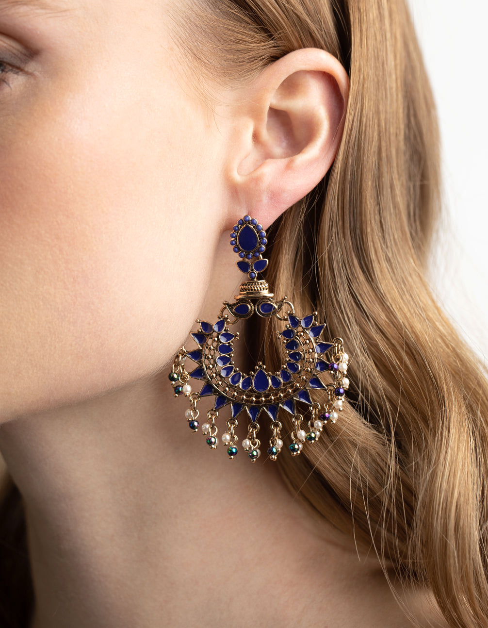 Blue Beaded Statement Fan Drop Earrings