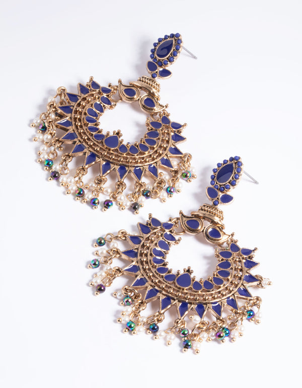 Blue Beaded Statement Fan Drop Earrings
