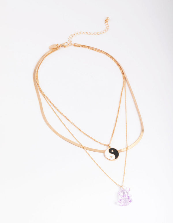 Gold Cute Bear & Yin Yang Necklace