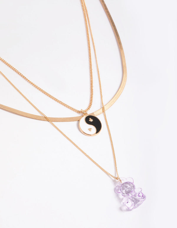 Gold Cute Bear & Yin Yang Necklace