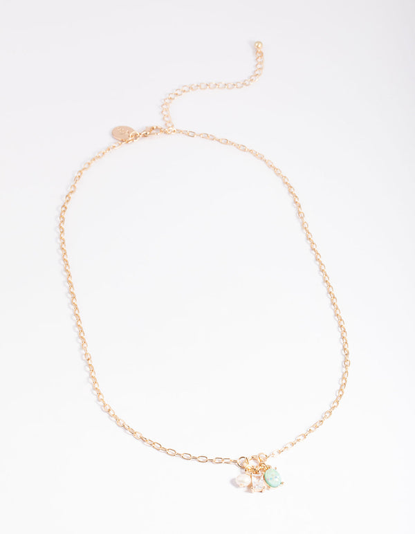 Gold Freshwater Pearl & Diamante Cluster Pendant Necklace