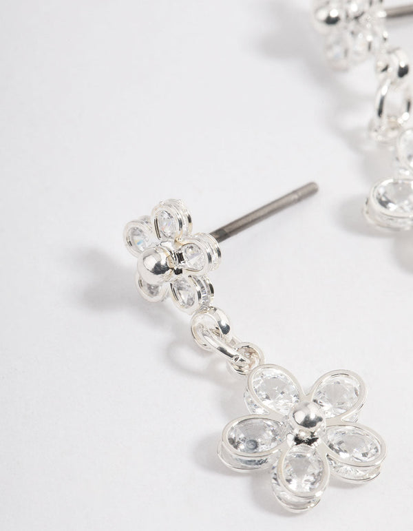 Silver Cubic Zirconia Double Daisy Drop Earrings