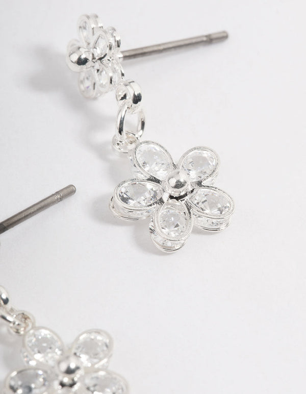 Silver Cubic Zirconia Double Daisy Drop Earrings