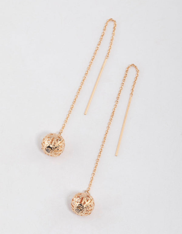 Gold Filigree Ball Threader Drop Earrings