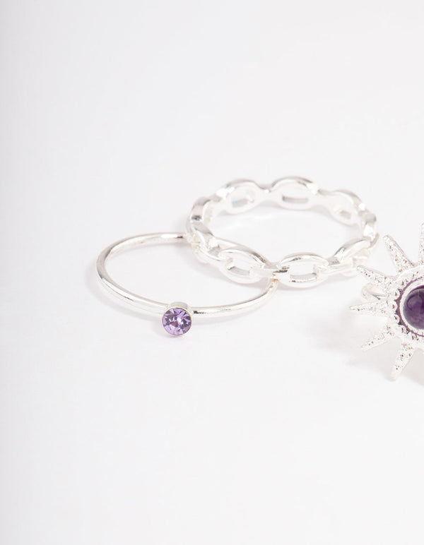 Silver Amethyst Cluster Chain Ring Pack