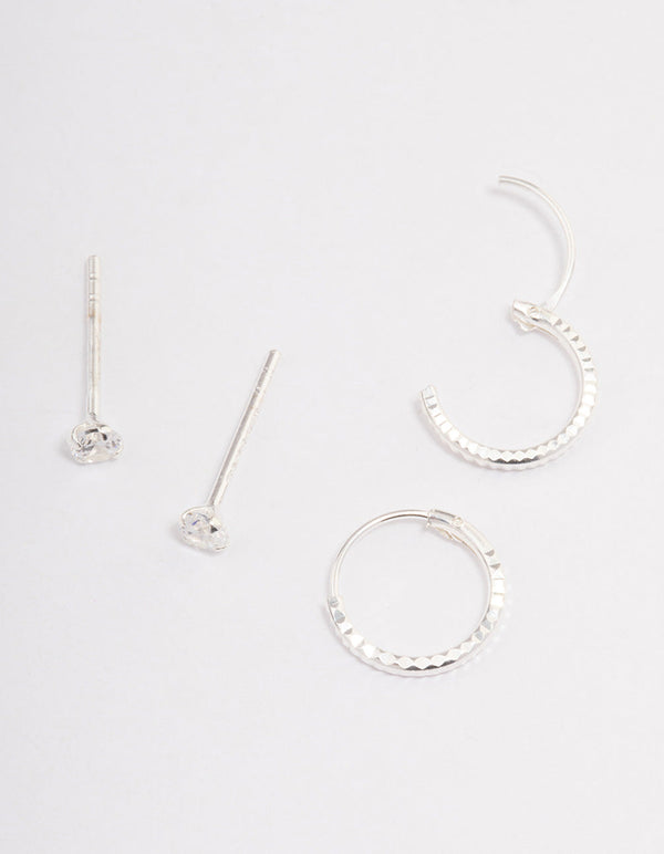 Sterling Silver Diamante & Textured Hoop Earring Pack