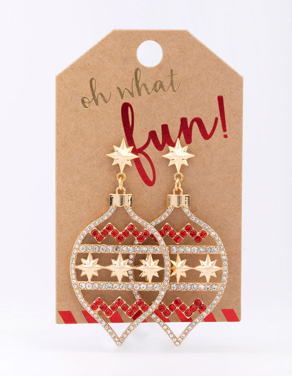Diamante Red & Gold Bauble Drop Earrings