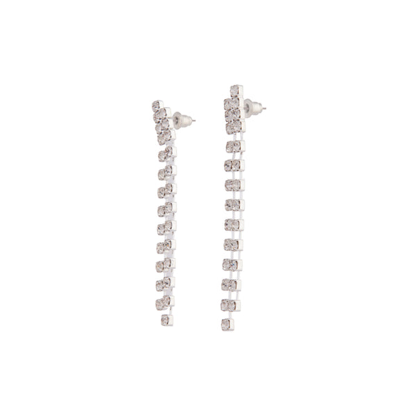 Silver Long Double Row Diamante Drop Earrings