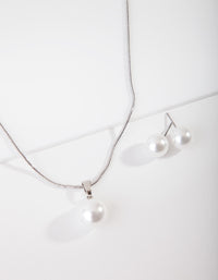 Silver Large Pearl Stud Necklace Earrings Set - link has visual effect only