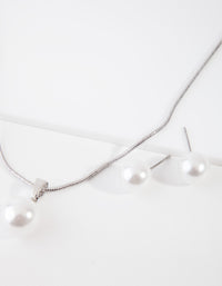 Silver Large Pearl Stud Necklace Earrings Set - link has visual effect only
