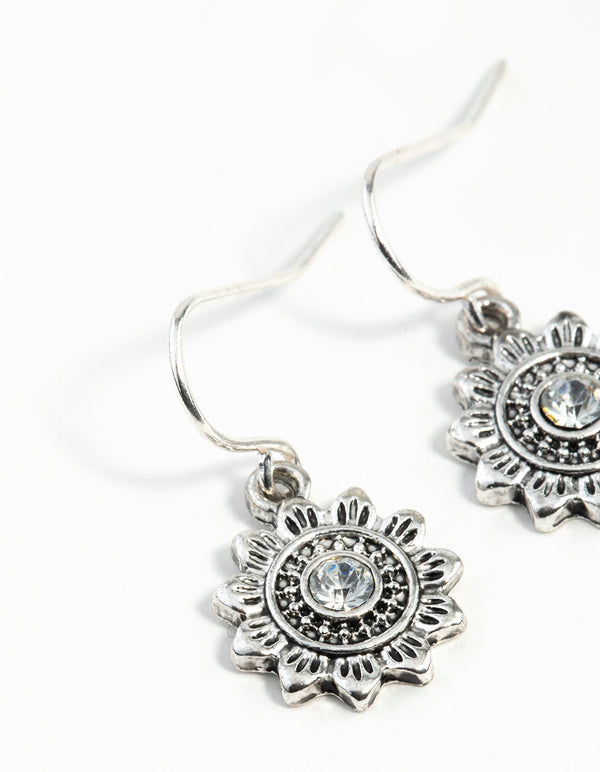 Antique Silver Sun Diamante Earrings
