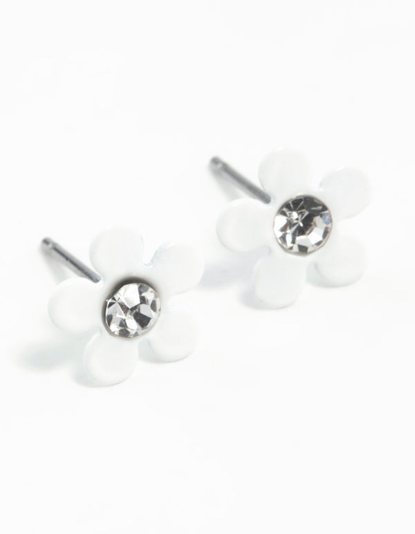 White Coated Mini 70s Dia Flower Stud Earrings