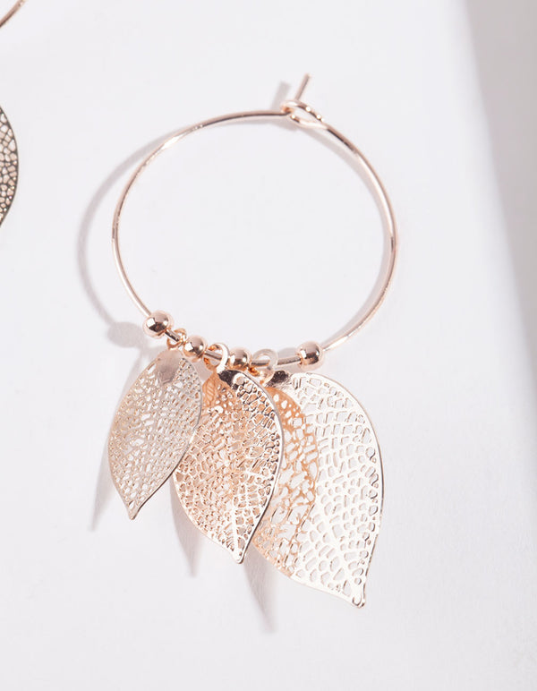 Rose Gold Filigree Leaf Hoop Earrings