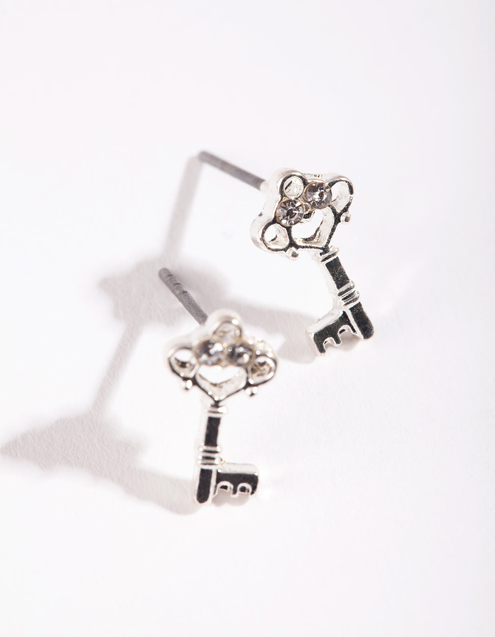 Silver Diamante Mini Key Stud Earrings