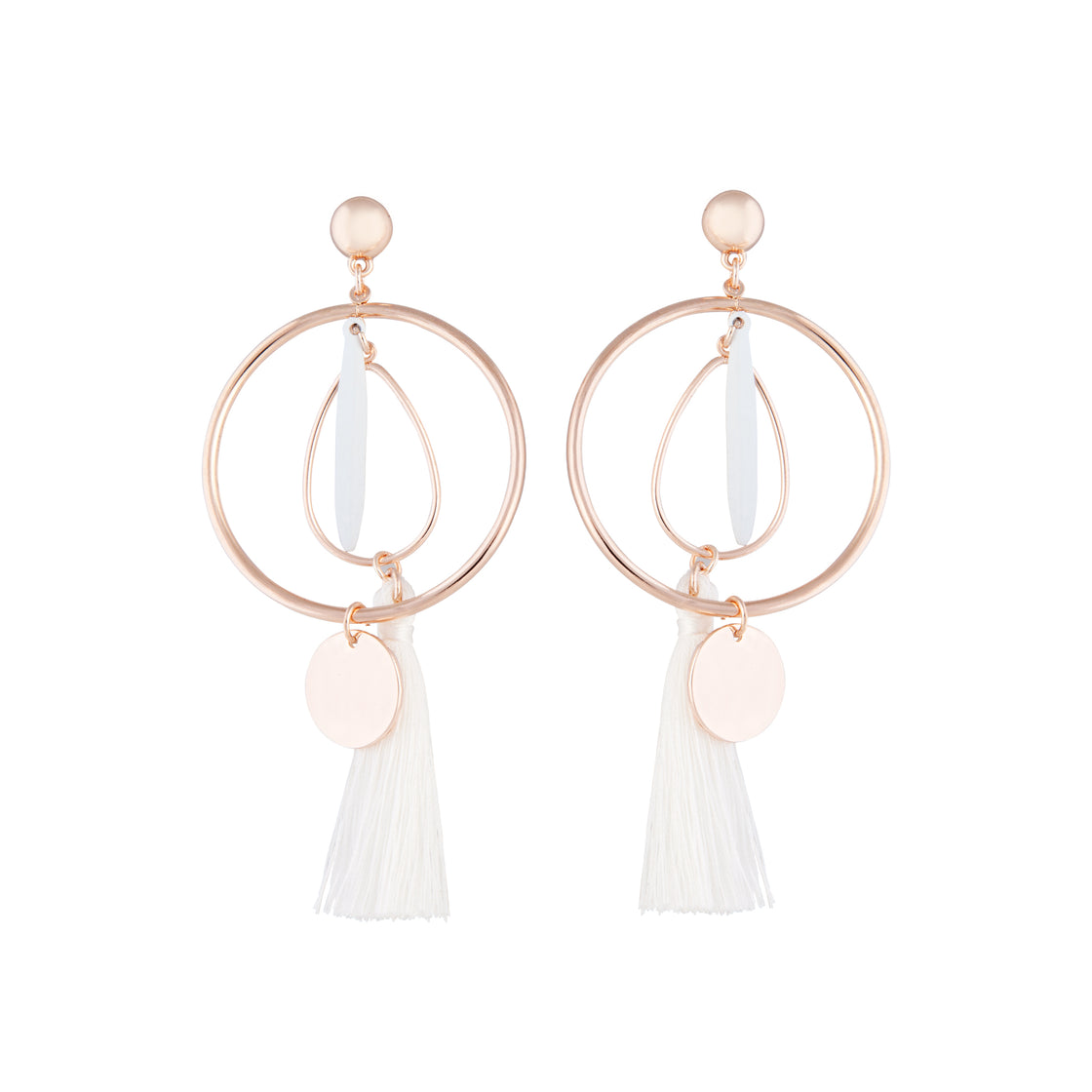 White Rose Gold Feature Hoop Tassel Earrings