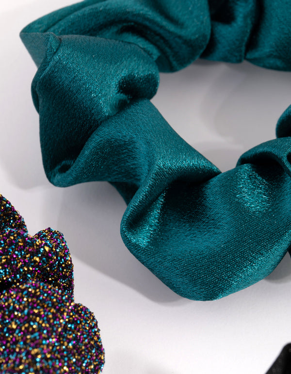 Black Blue Glitter Satin Scrunchie Pack