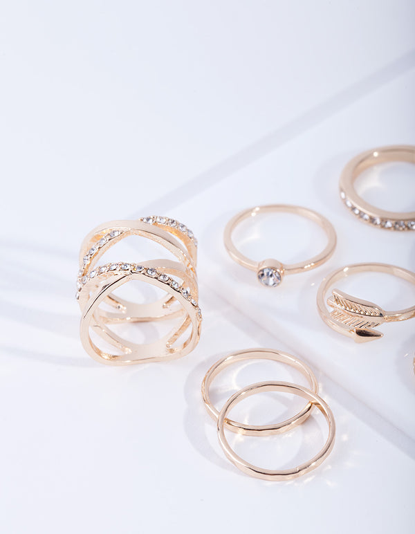 Gold Double Crossover Diamante Ring 8-Pack