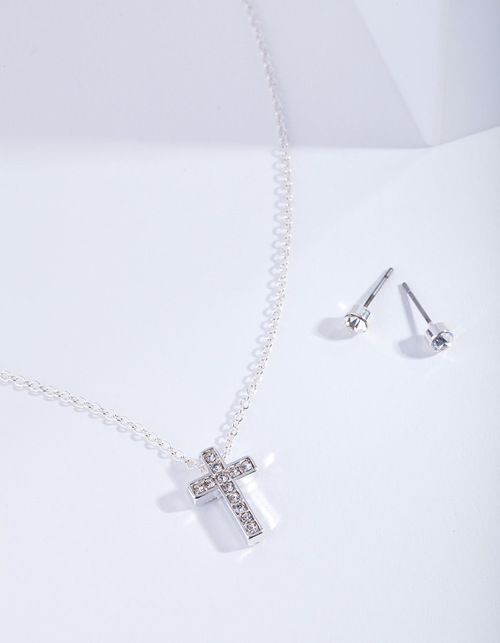 Silver Diamante Cross Necklace Earrings Set