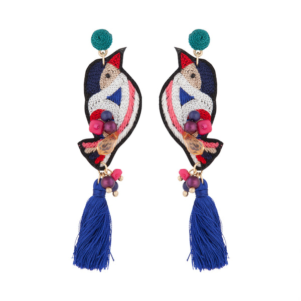 Embroidered Bird Tassel Earrings