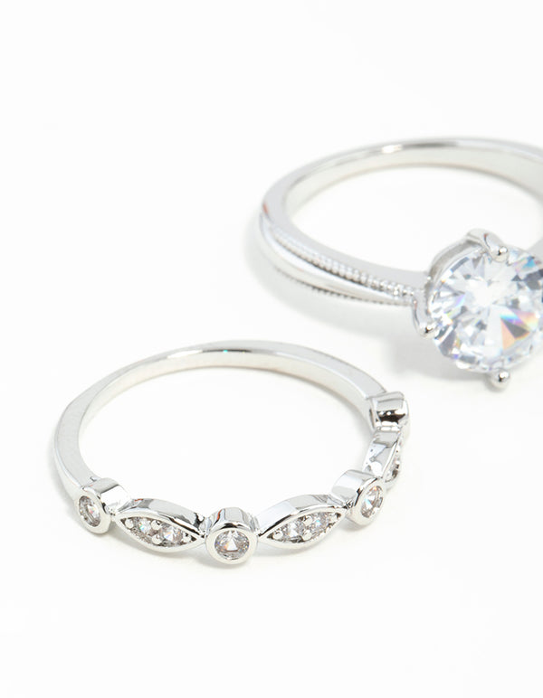 Silver Round Stone Cubic Zirconia Triple Ring Stack