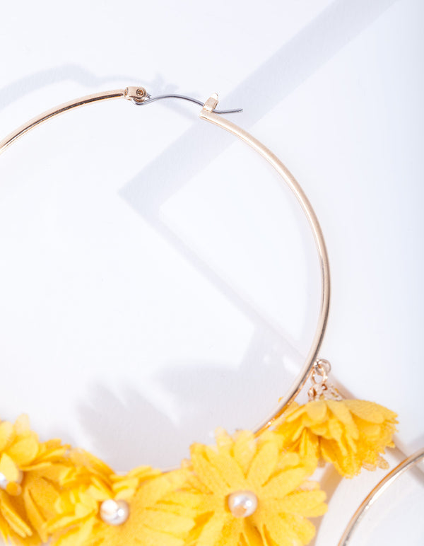 Yellow Gold Large Fabric Flower Hoop Earrings
