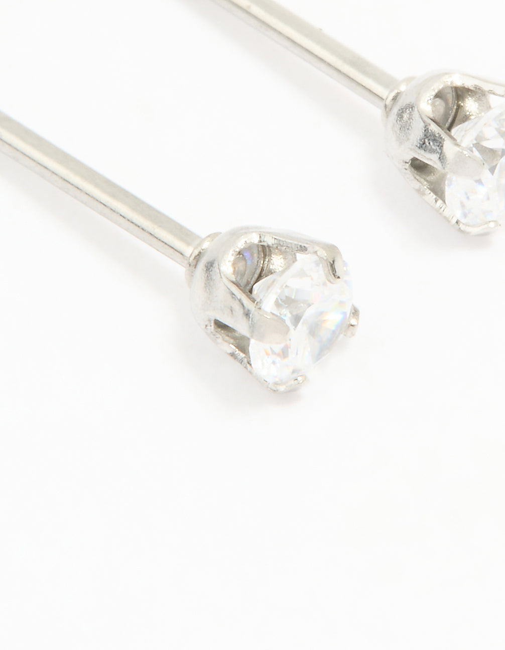 Featuring surgical stainless steel 3MM cubic zirconia piercing stud close up view