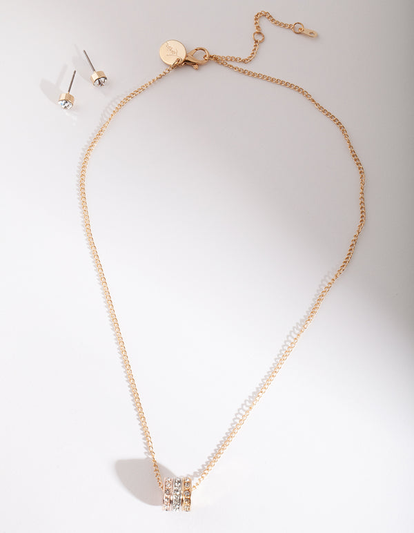 Gold Diamante Triple Ring Jewellery Set