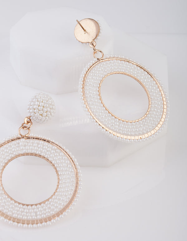 White Beaded Rose Gold Drop Earrings