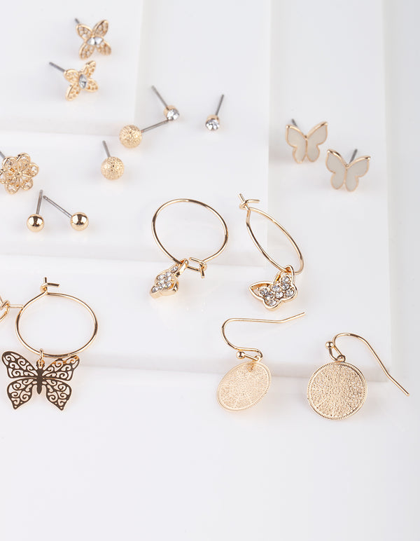 Gold Butterfly Stud & Sleeper Earrings 9PK