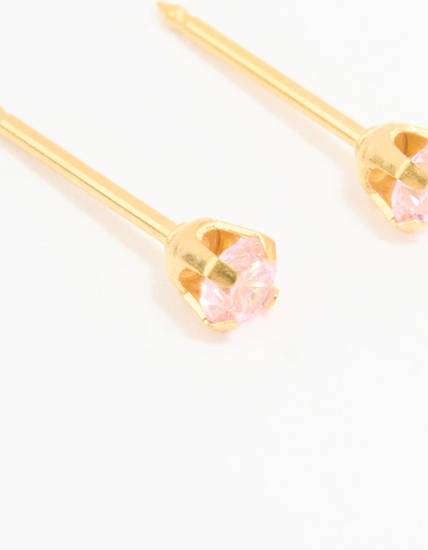 24KT Gold Plated Surgical Steel 3MM Pink Cubic Zirconia Piercing Stud