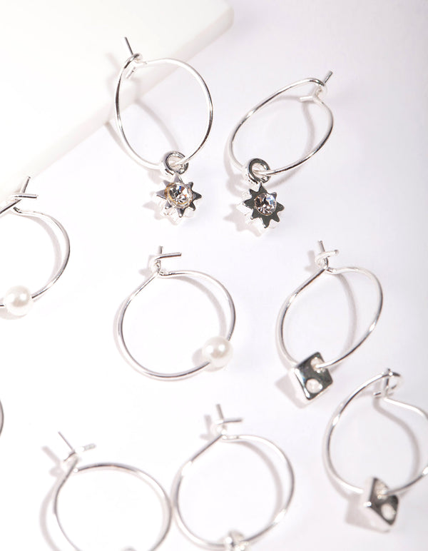 Silver Multi Hoop With Charm Earring 6-Pack