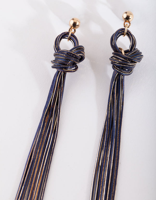 Gold & Dark Blue Metal Tassel Earrings