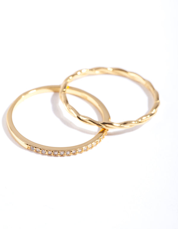 Gold Plated Sterling Silver Diamante Twist Ring Stack
