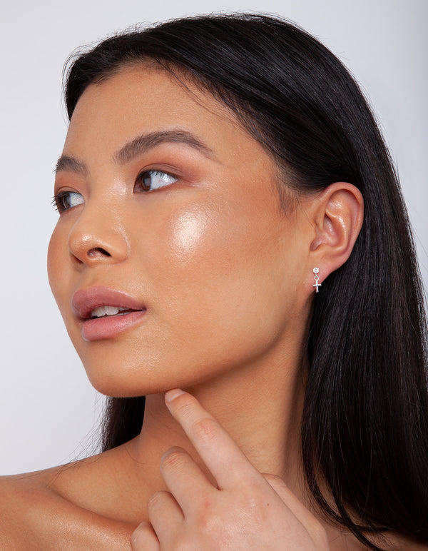 Sterling Silver Mini Cross Diamante Earrings