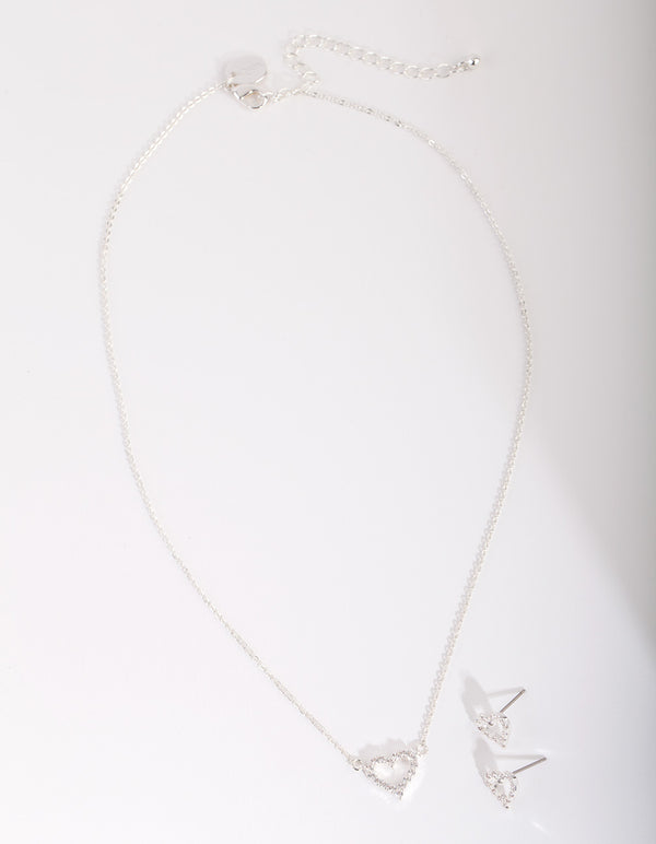 Silver Cubic Zirconia Heart Necklace & Earrings Set