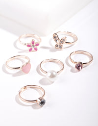 Kids Shiny Silver Diamante Heart Flower Butterfly & Pearl Ring 6-Pack - link has visual effect only