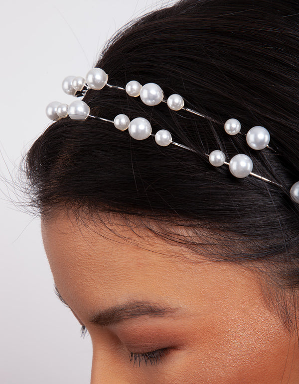 Silver Pearl Double Row Headband