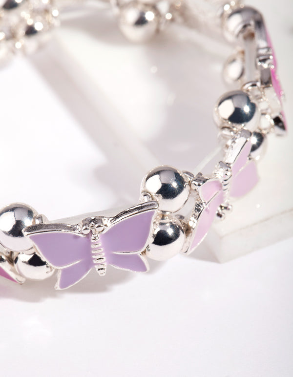 Kids Silver Enamel Butterfly Stretch Bracelet & Ring Set