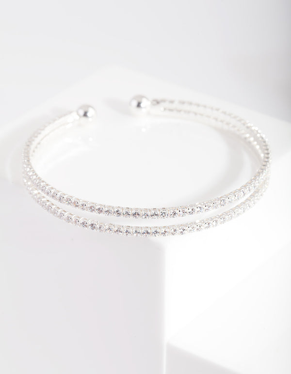 Silver Cubic Zirconia 2 Row Cuff Bracelet