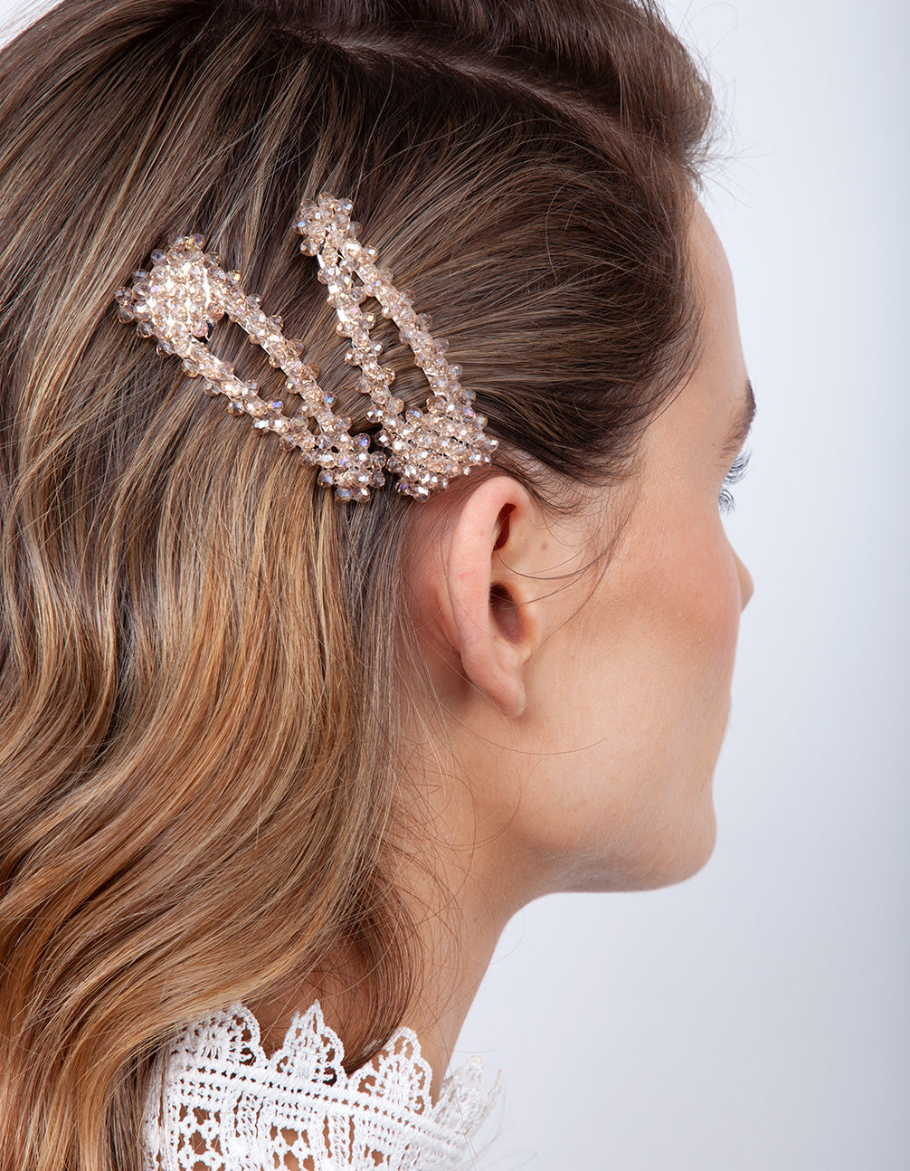Silver Neutral Glass Bead Hair Clip Duo
