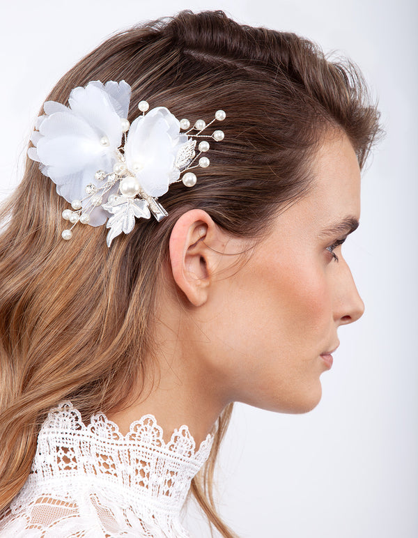 Silver White Fabric Flower Hair Clip