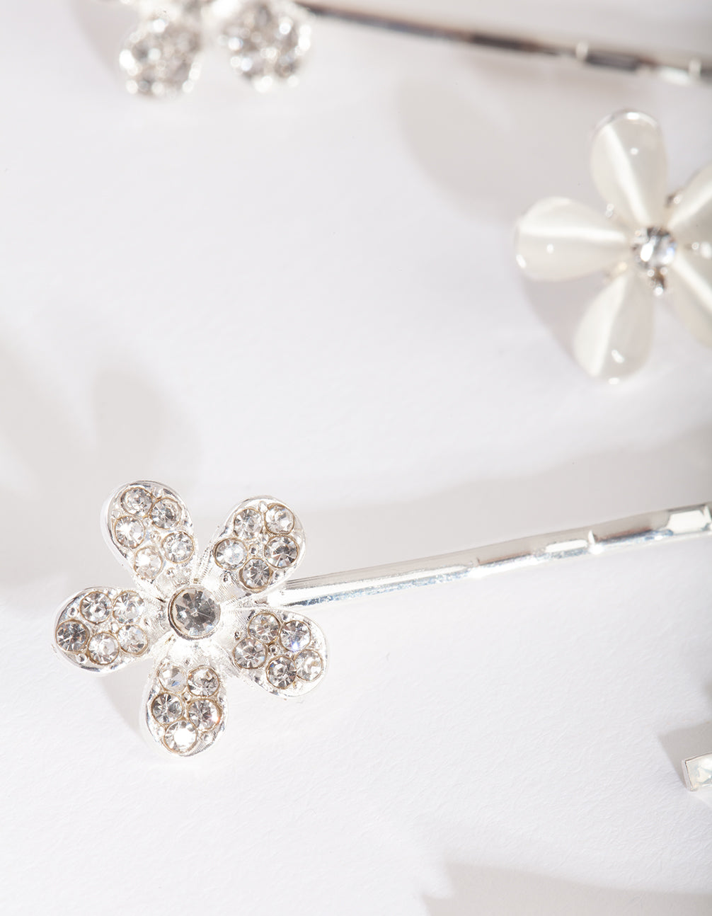 Silver Floral Stone Hair Clip Pack