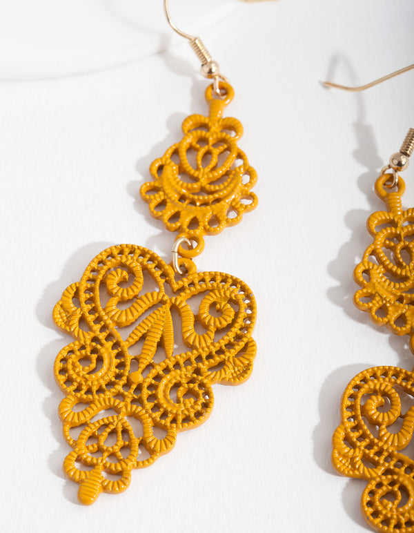 Yellow Large Filigree Drop Earrings