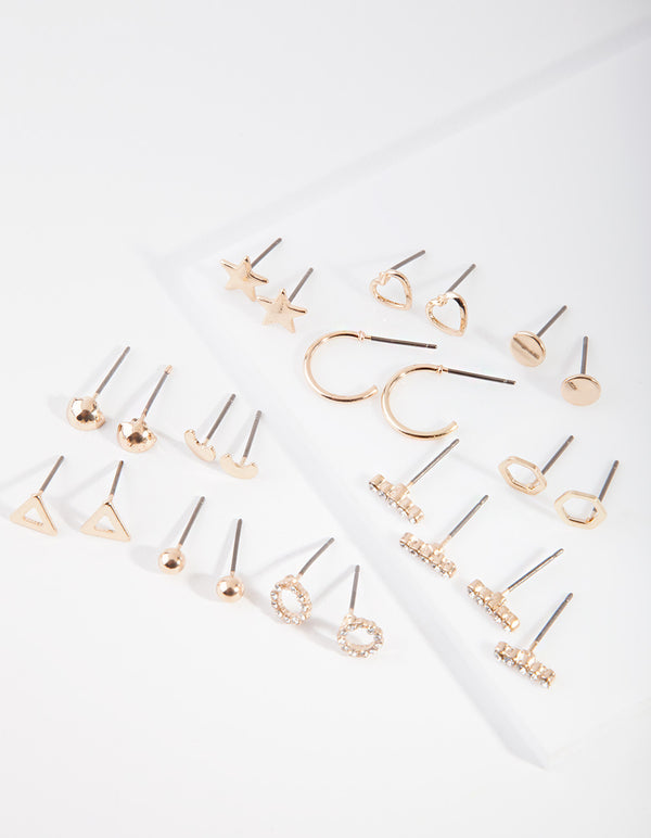 Gold Star & Geometric Shaped Stud Earring 12-Pack